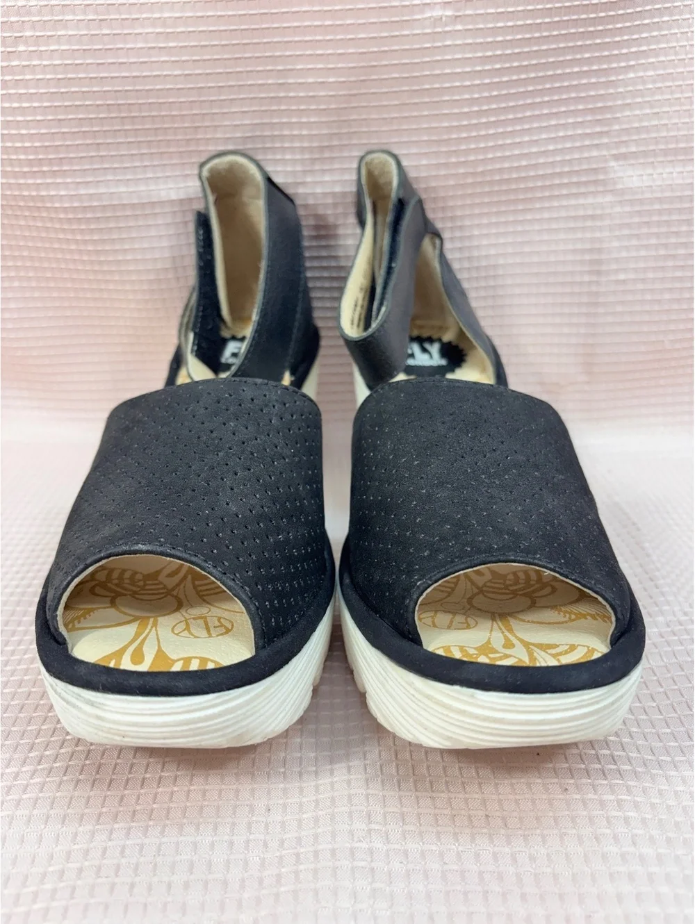 black perforated leather Fly London Yake wedge sandals Size 37 EU 6.5-7 US